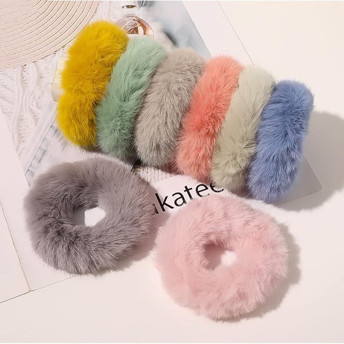 6 Pcs Premium Soft Fluffy Fur Elastic Multicolor Hair Rubber Bands for Kids Girls Women,