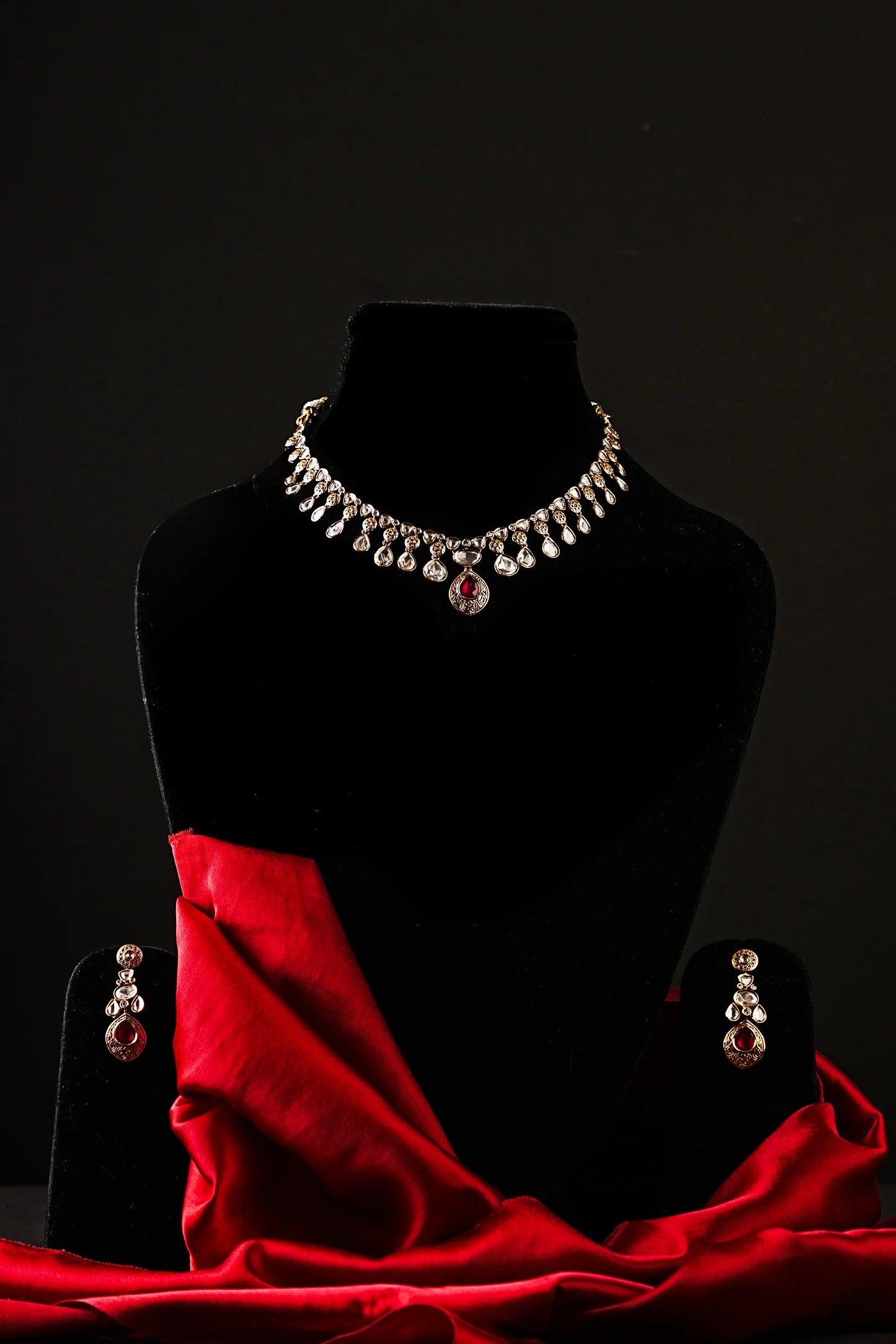 Elegant Ruby Red & Kundan Choker Necklace Set